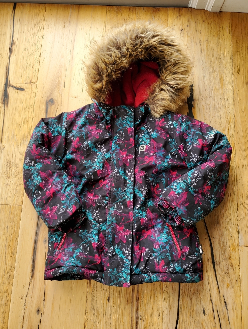 Gusti Kids Floral Puffer Jacket in Black, Pink & Teal with Faux Fur Hood